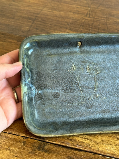 Small Blue Pottery Trinket Dish with Flower Design