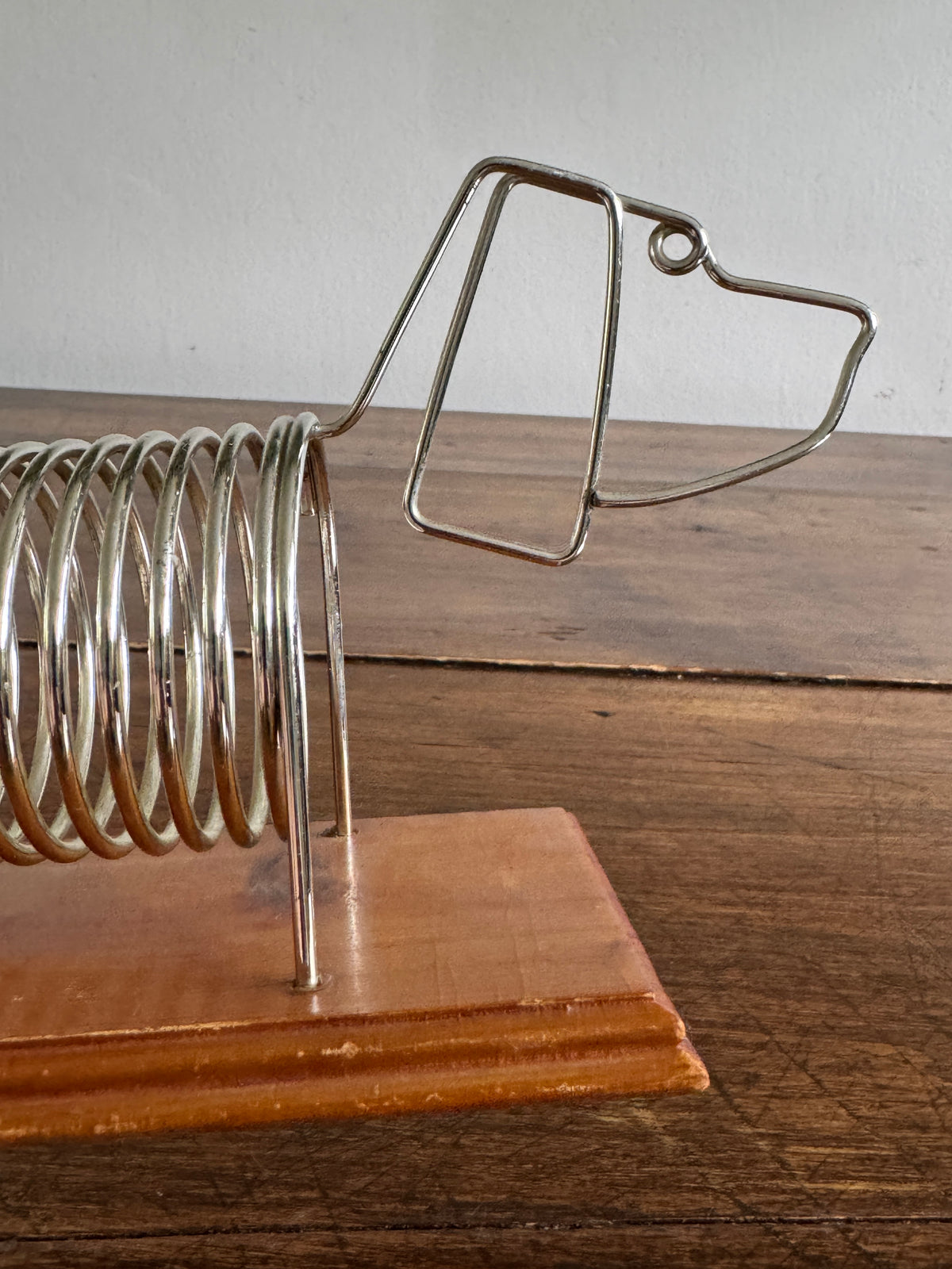 Vintage Dog Shaped Coil Letter Holder - Silver-Tone Metal on Wood Base