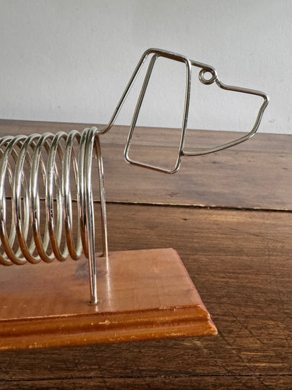 Vintage Dog Shaped Coil Letter Holder - Silver-Tone Metal on Wood Base