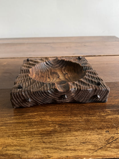 Rustic Wood Ashtray or Catchall Bowl with Metal Nail Accents