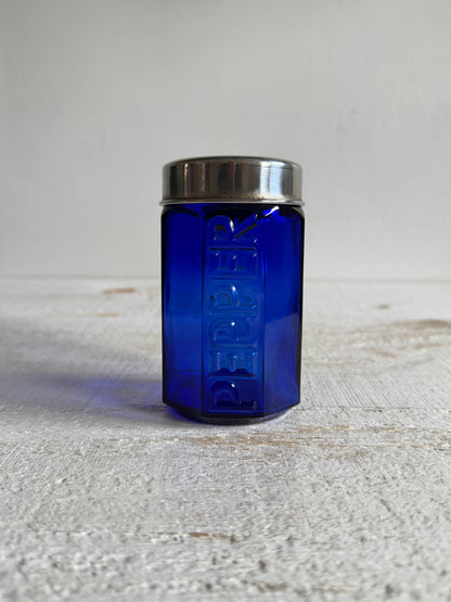 Single Vintage Cobalt Blue Glass with Metal Lid Pepper Shaker - Large Retro Kitchen Pepper Shaker