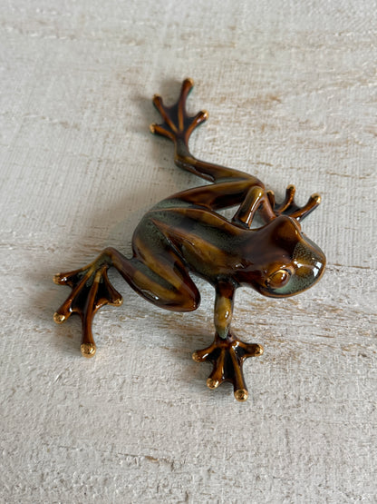 Vintage Pottery Frog with Large Feet - Gold and Green Glazed Frog Figurine