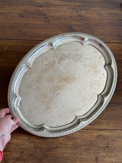 Vintage Silver Tone Large Oval Tray with Scalloped Edge Detailing