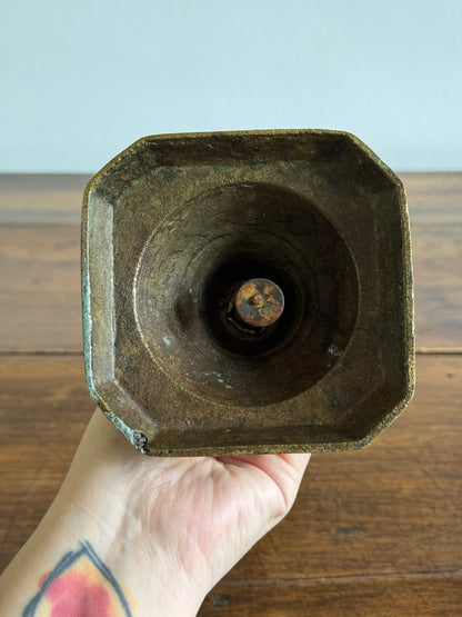 Single Large Brass Candlestick with Squared Base and Simple Fluted Post Detailing
