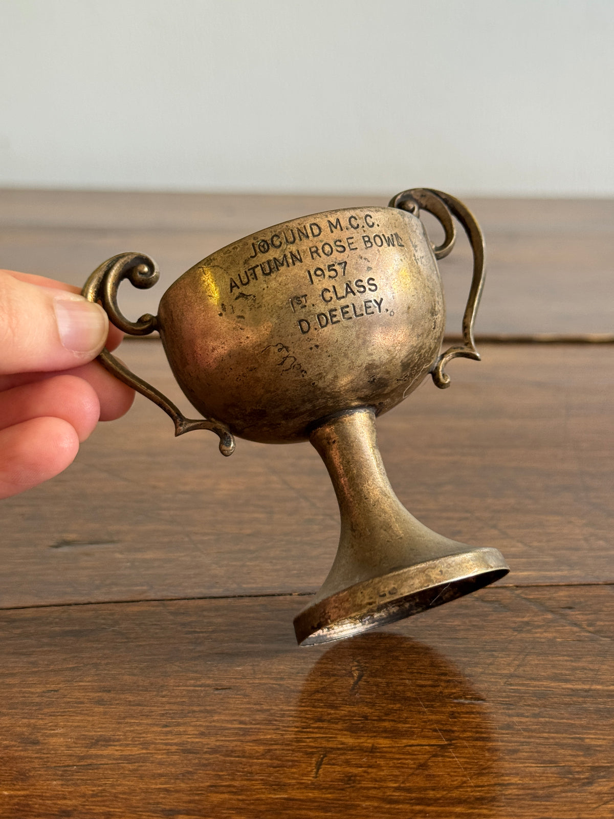Mini Metal Trophy Jocund Motorcycle Club Autumn Rose Bowl 1957 1st Class to D. Deeley