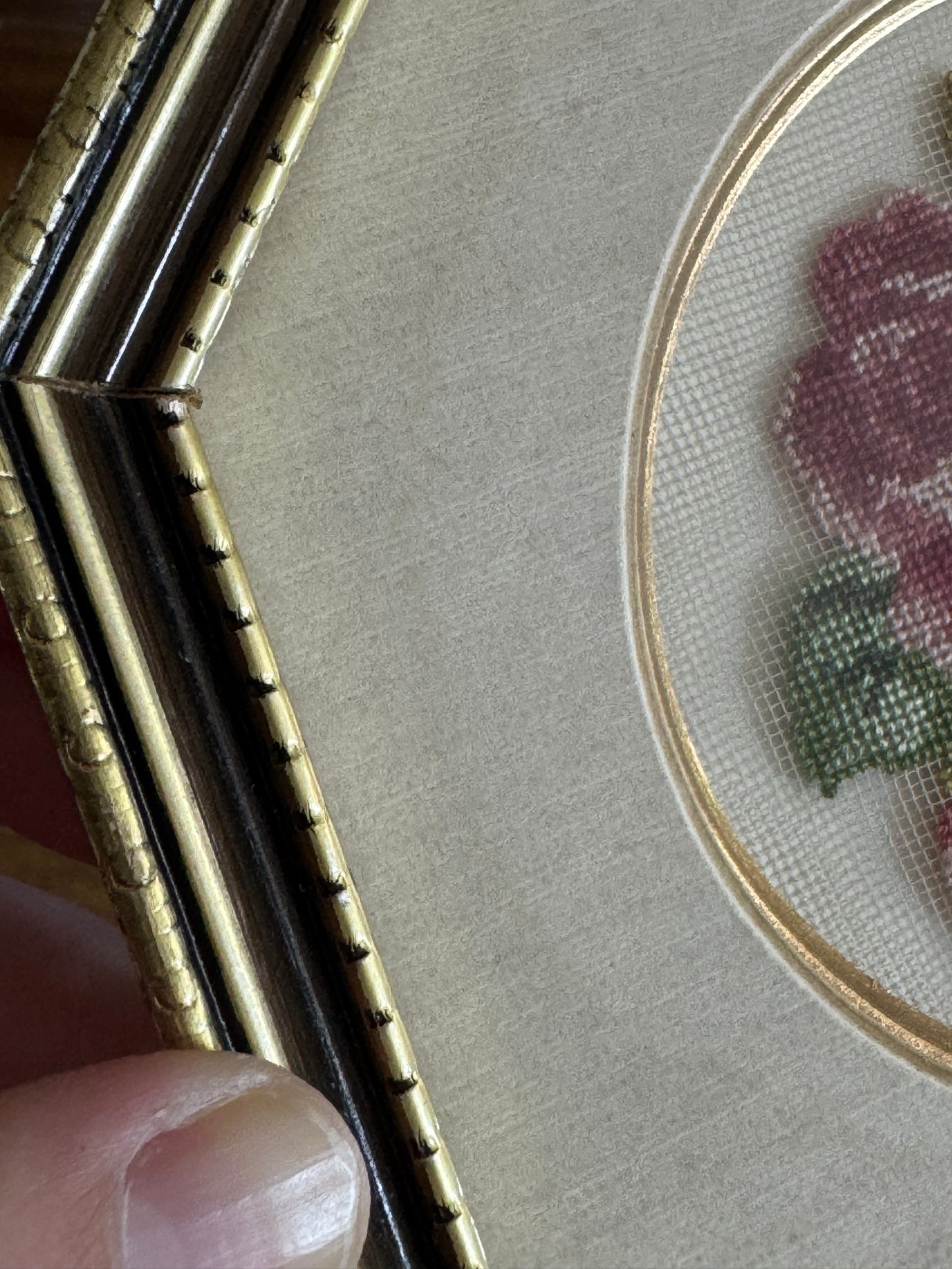 Vintage Petite Point Flower Art in Octagon Frame