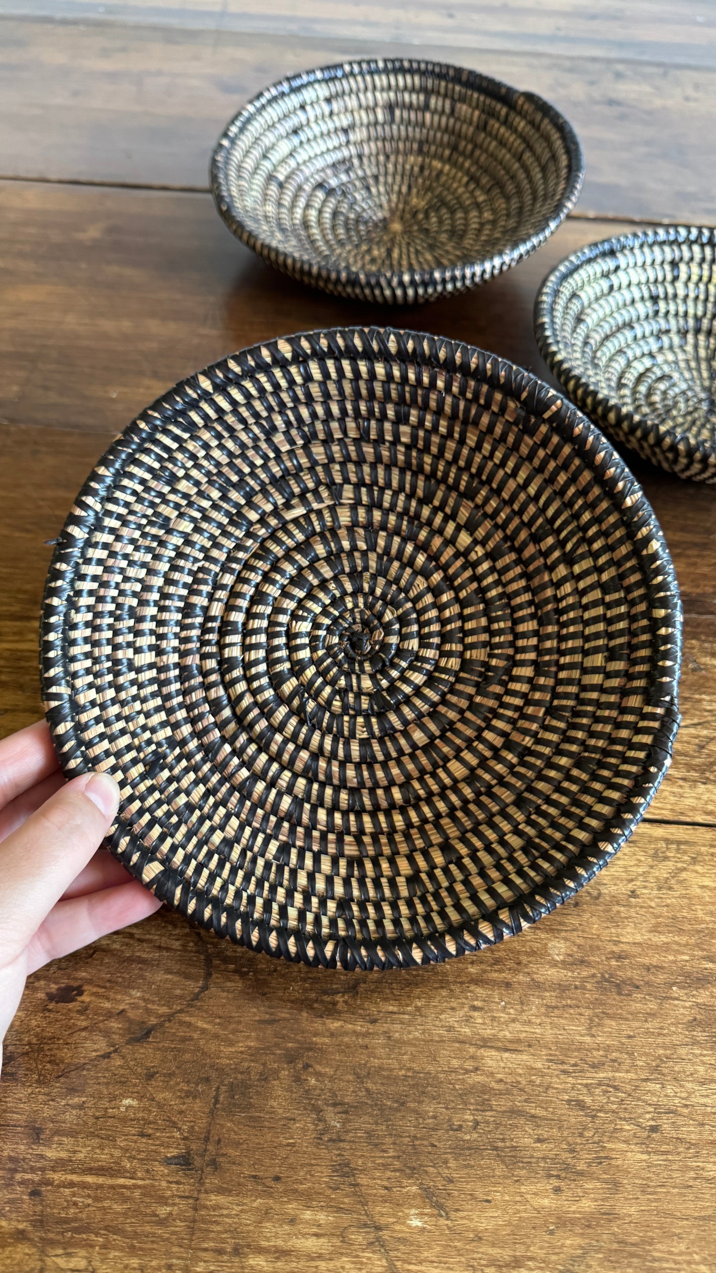 Set of Three Woven Sweet Grass Baskets with Black Accents