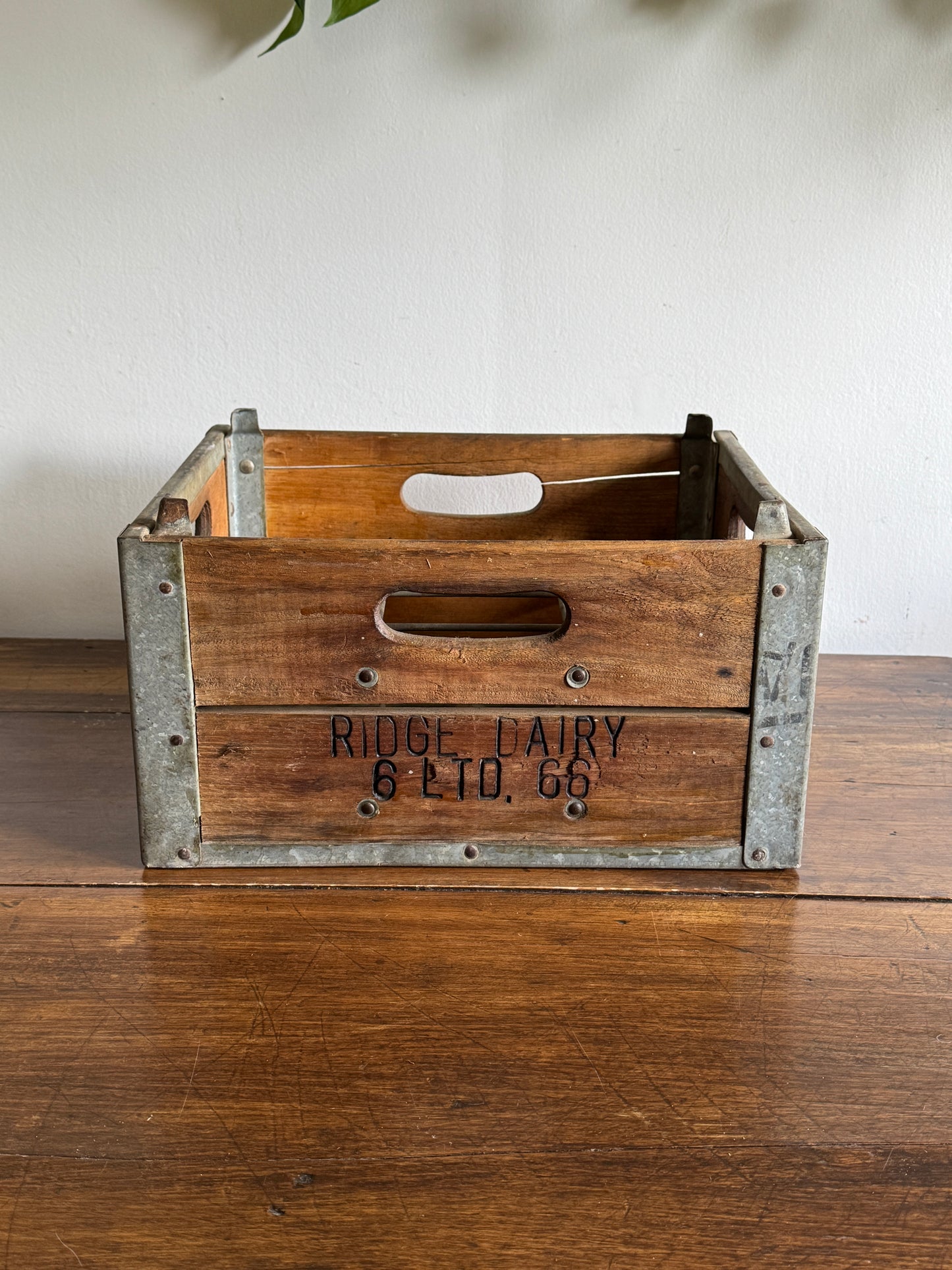 Vintage Ridge Dairy Milk Crate with Wood and Metal Construction