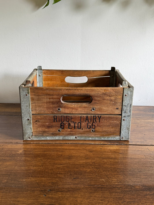 Vintage Ridge Dairy Milk Crate with Wood and Metal Construction