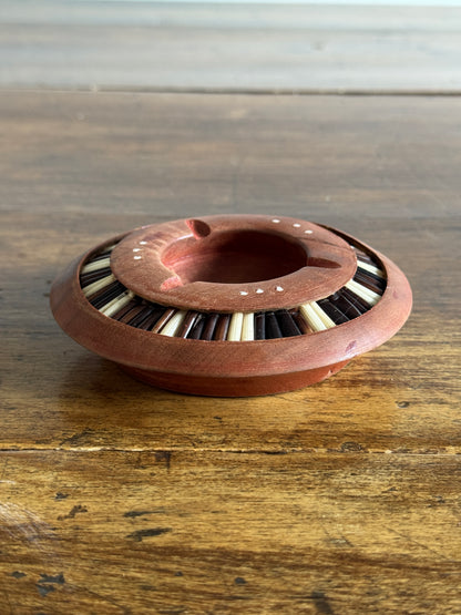 Vintage Wood Inlay Ashtray with Decorative African Porcupine Quill and Bone Design