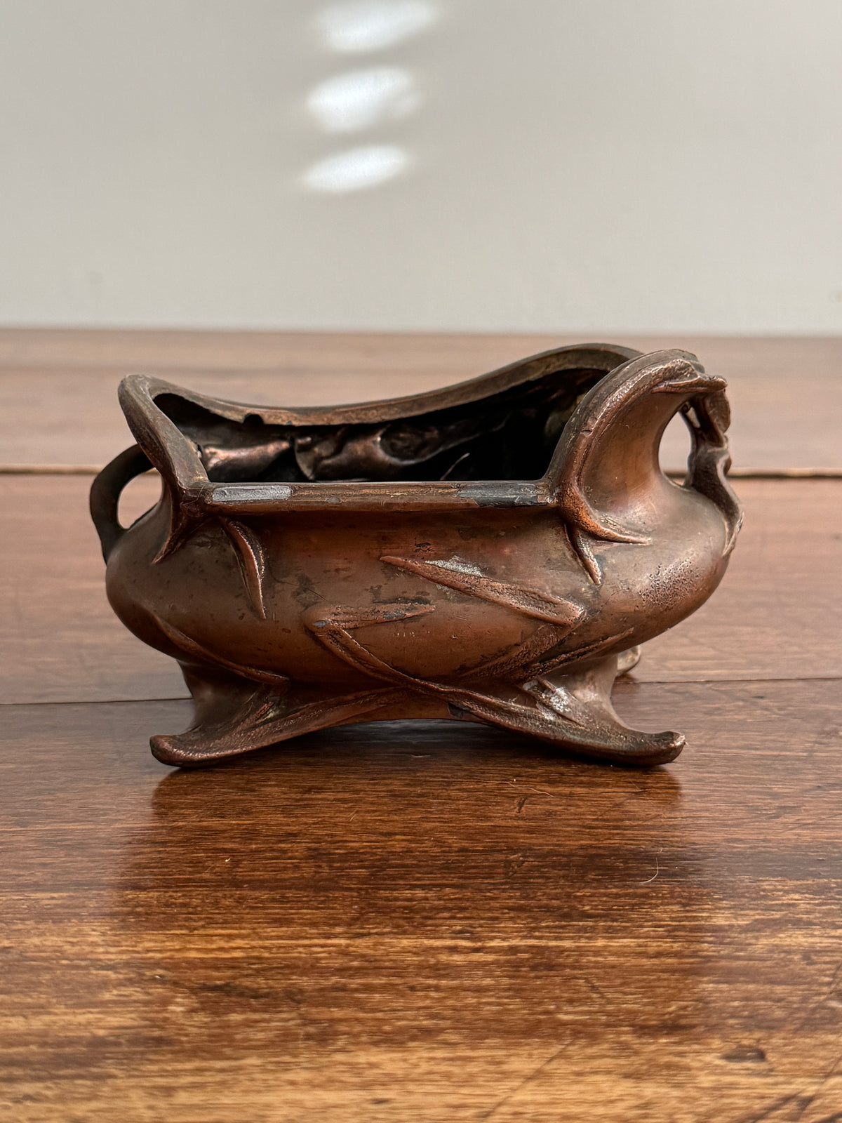 Vintage Art Nouveau Style Ornate Copper-Tone Trinket Dish With Leaf Design