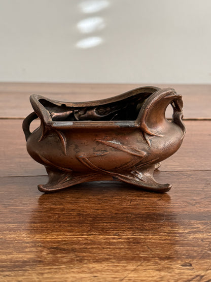 Vintage Art Nouveau Style Ornate Copper-Tone Trinket Dish With Leaf Design