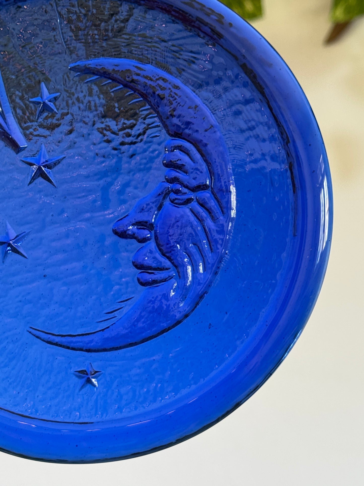 Vintage Cobalt Blue Glass Sun Catch with Man in the Moon Face and Stars