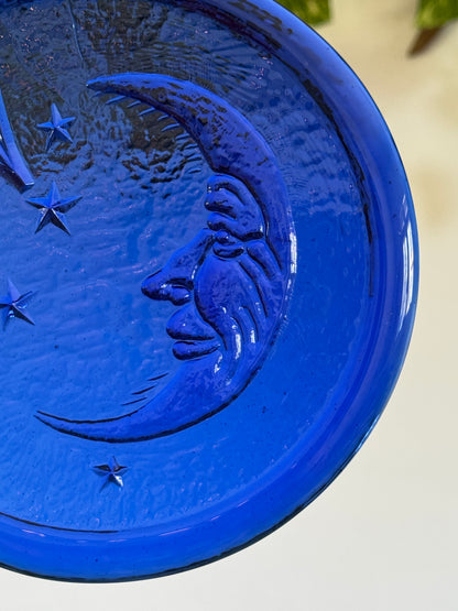 Vintage Cobalt Blue Glass Sun Catch with Man in the Moon Face and Stars