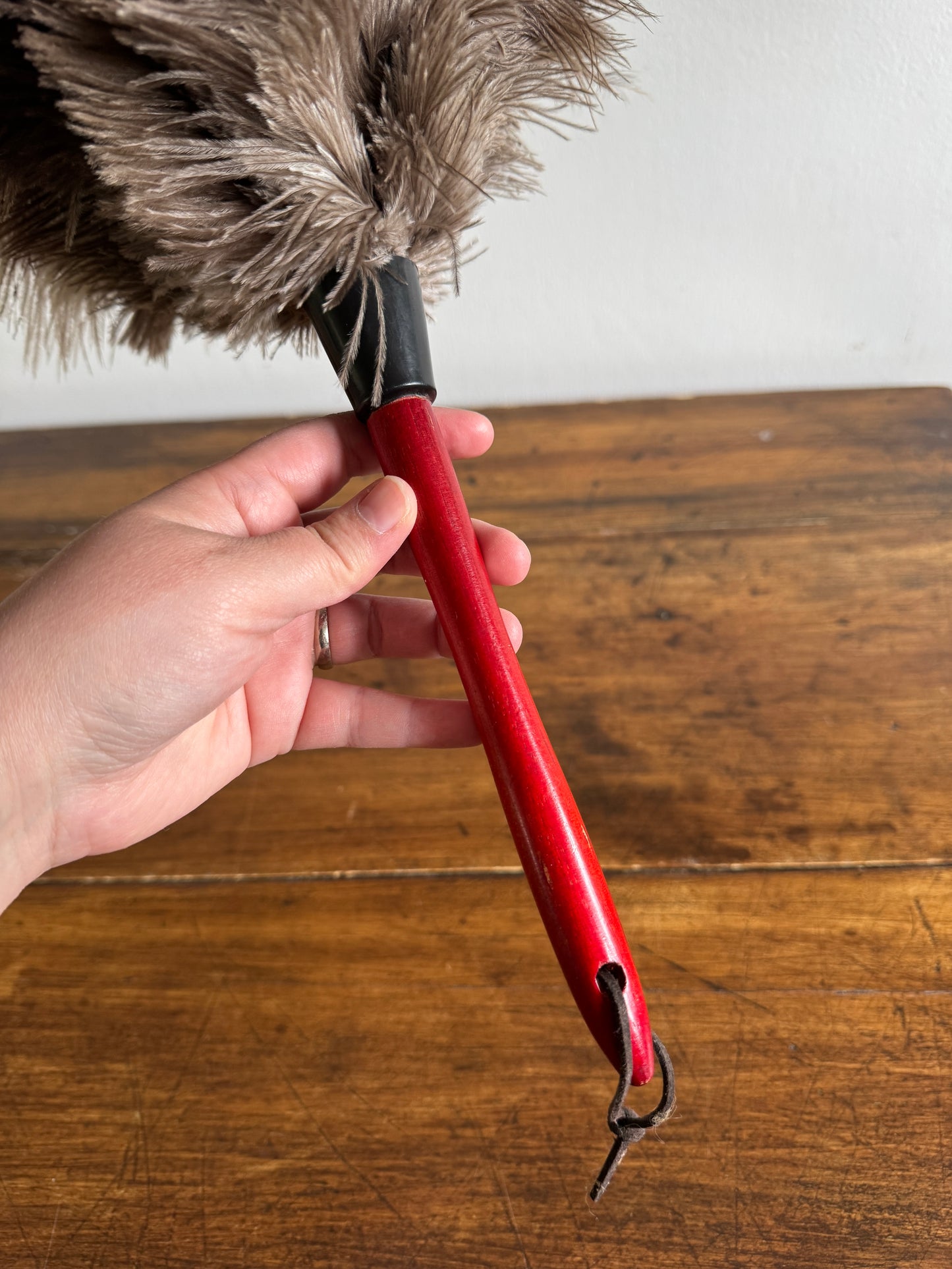 Vintage Real Feather Duster on Red Wood Handle