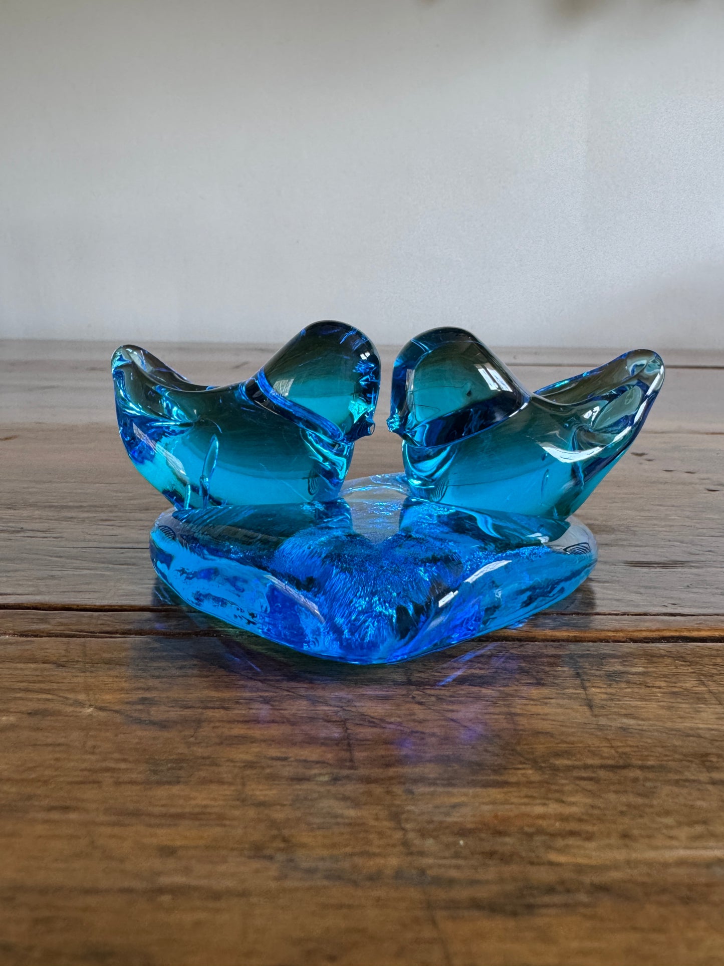 Vintage Glass Blue Birds of Happiness on Heart - Signed Paperweight