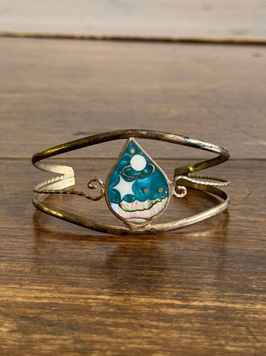 Vintage Alpaca Silver Cuff Bracelet - Inlay Cuff Bracelet - Made in Mexico
