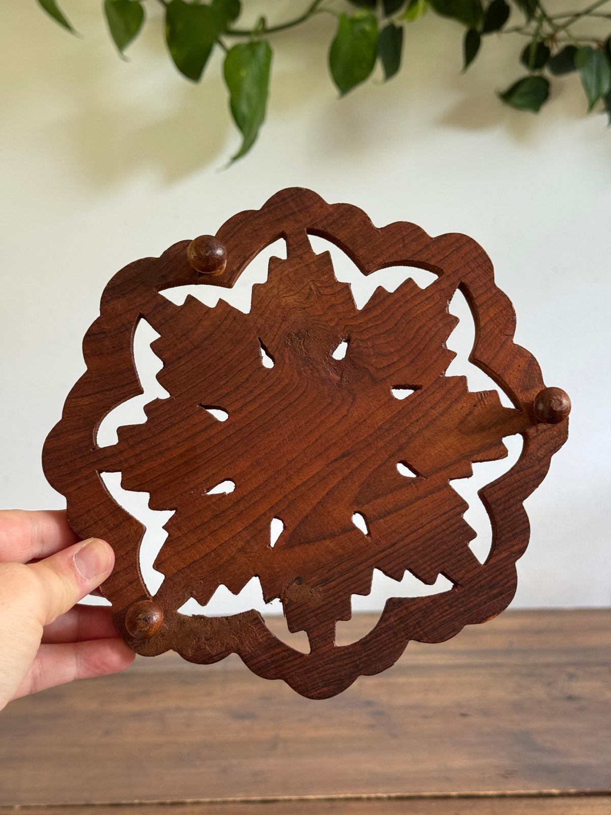 Wood Carved Trivet Raised Stand with Flower Pattern