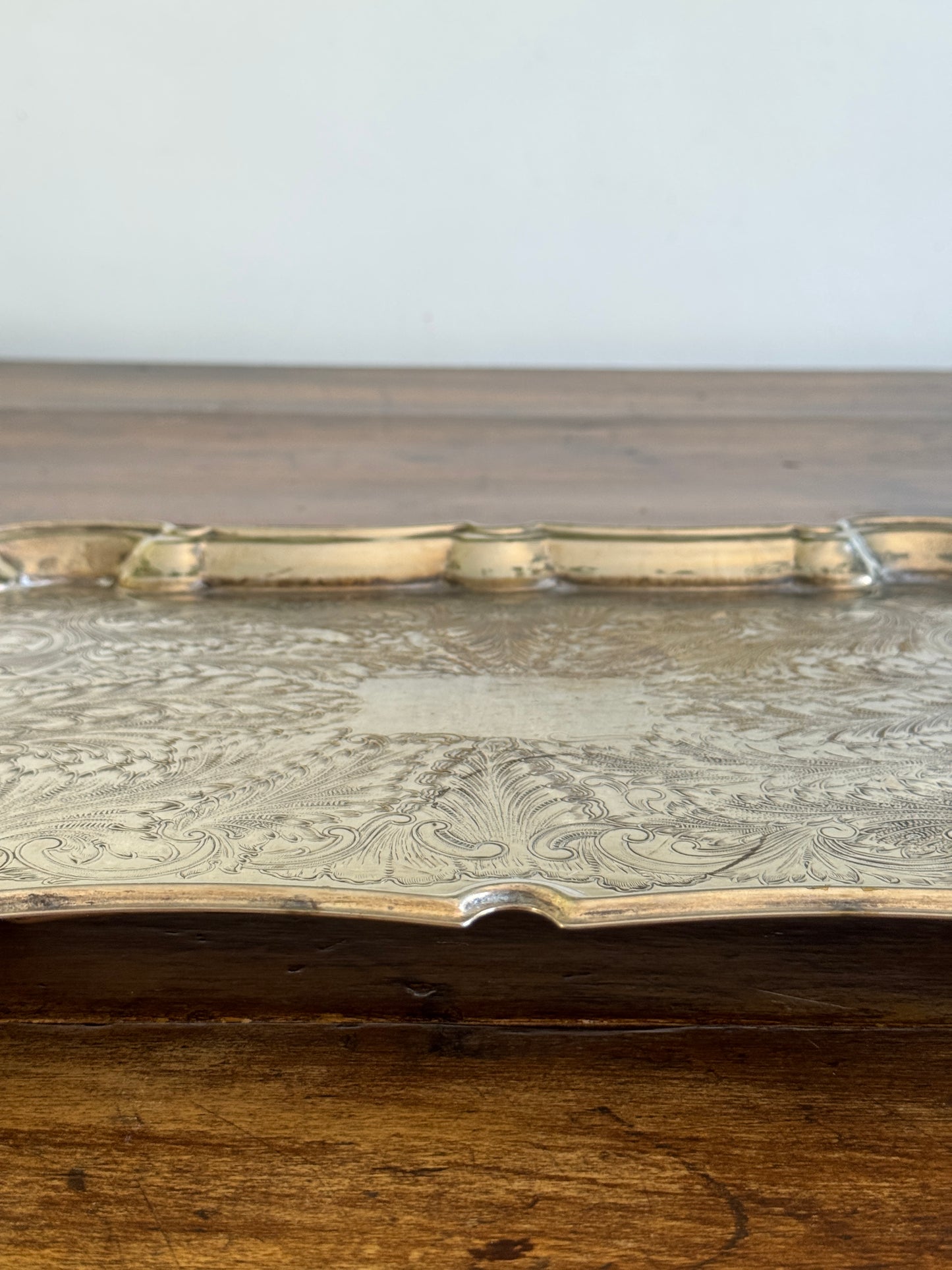 Vintage Large Leonard Silver Plated Over Brass Ornate Serving Platter with Raised Feet and Etched Detailing - Silver Plated Butler Tray