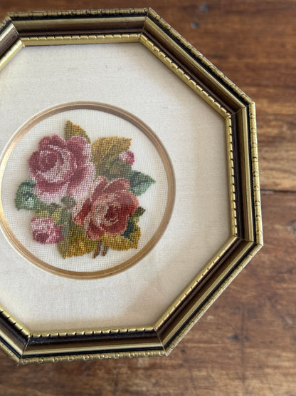 Vintage Petite Point Flower Art in Octagon Frame