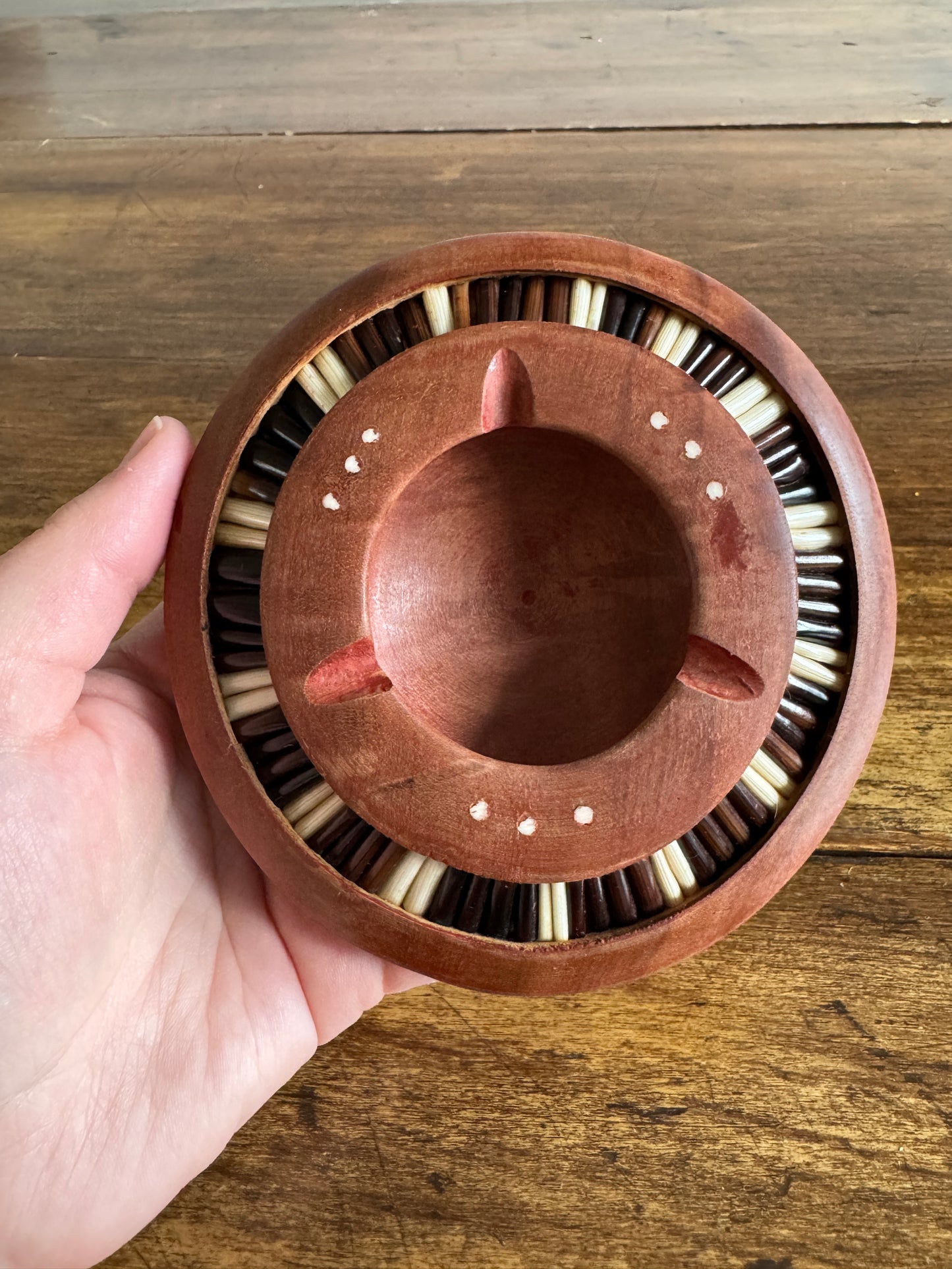 Vintage Wood Inlay Ashtray with Decorative African Porcupine Quill and Bone Design