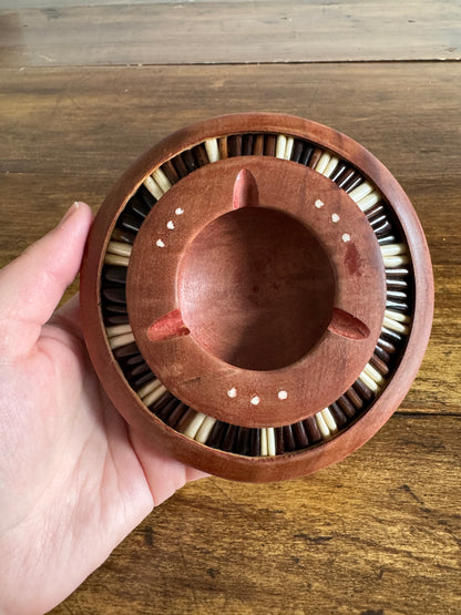Vintage Wood Inlay Ashtray with Decorative African Porcupine Quill and Bone Design