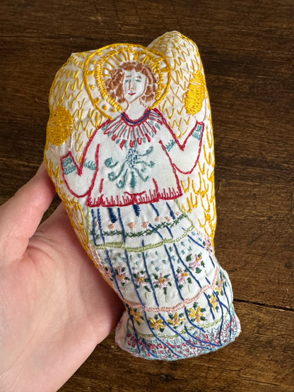 Vintage Hand Crafted Stitched Angel Plush Toy with Colourful Embroidery