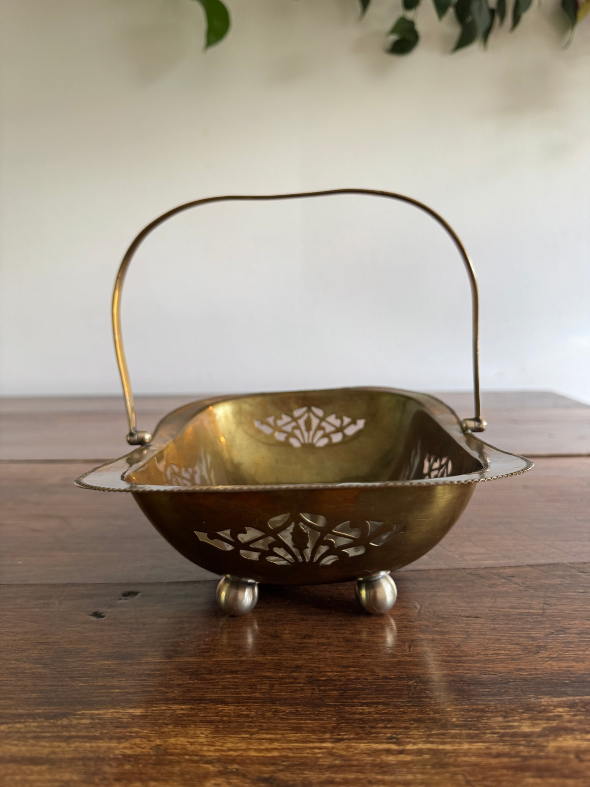 Vintage Cutout Brass Bowl with Handle and Small Ball Feet