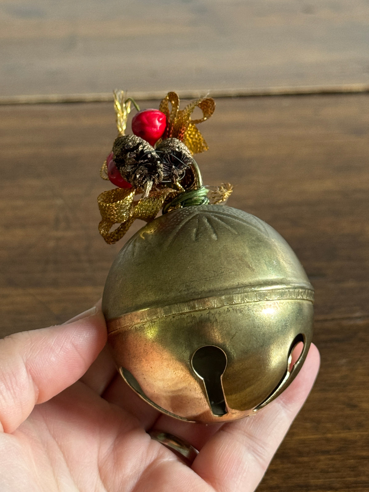 Vintage Brass Holiday Bell Ornament with Faux Holly Decor