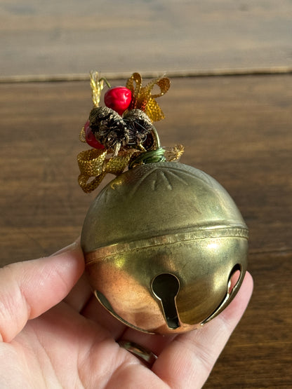 Vintage Brass Holiday Bell Ornament with Faux Holly Decor