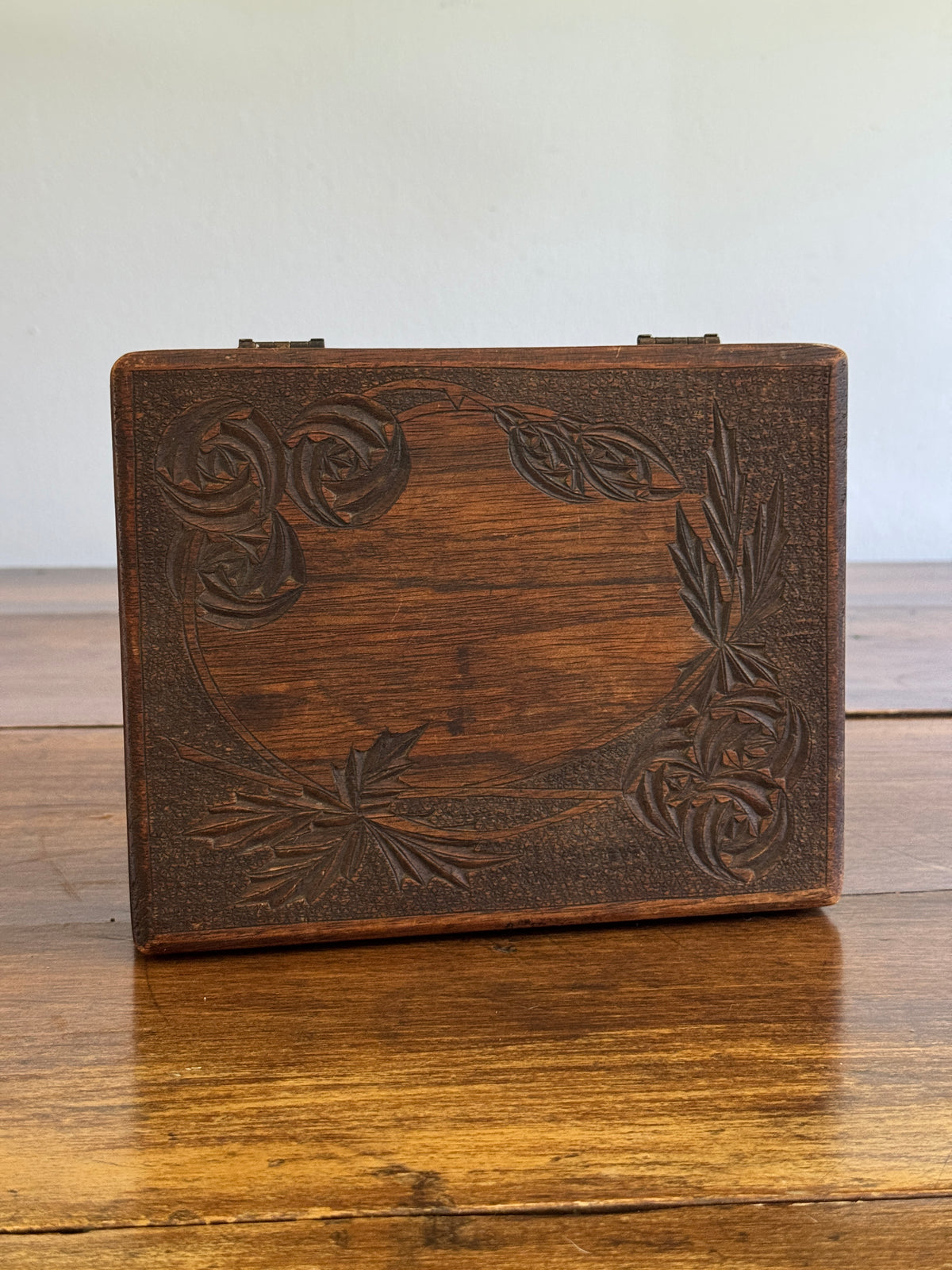 Antique Wood Carved Box with Floral Design and Deep Patina