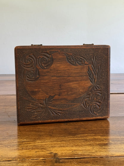 Antique Wood Carved Box with Floral Design and Deep Patina