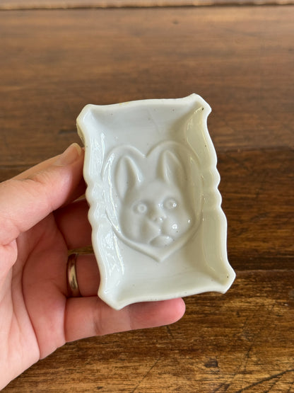 Vintage Japan White Rabbit in Heart Ashtray - Small Ceramic Dish
