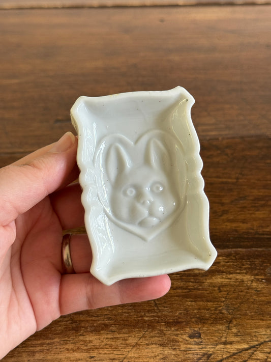 Vintage Japan White Rabbit in Heart Ashtray - Small Ceramic Dish