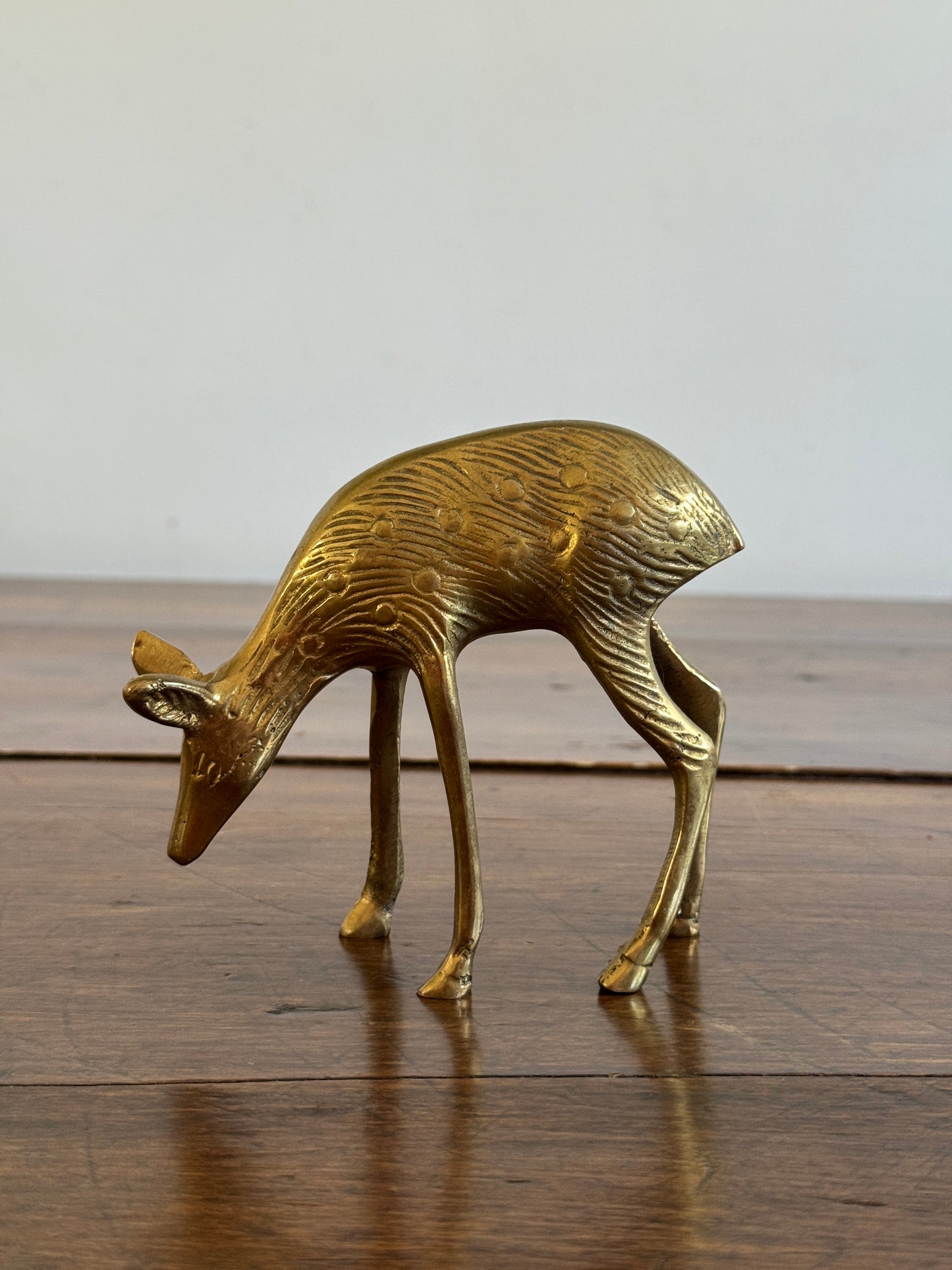 Pair of Vintage Brass Deer Figurines - Grazing Brass Deer