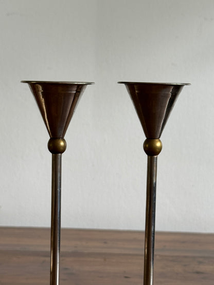 Vintage Pair of Memphis Design Style Candle Holders - Silver Tone with Brass Metal Candlestick Holders - Modernist Design