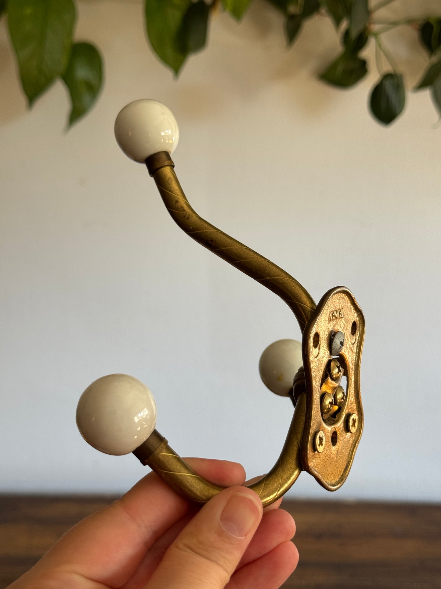 Vintage Ceramic Ball And Brass Wall Hook with Three Hooks