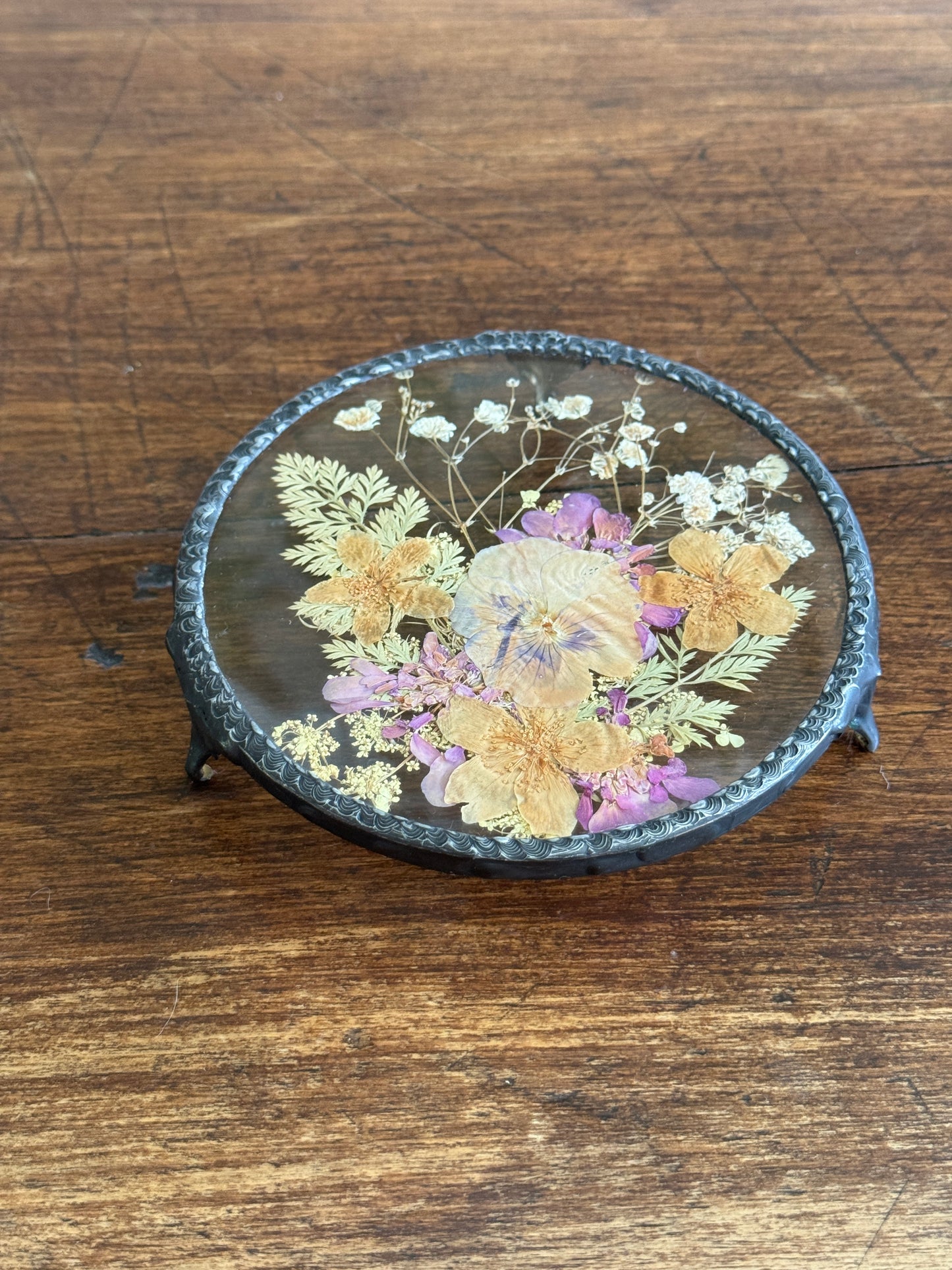 Vintage Pressed Flower Glass Trivet with Metal Edge and Feet