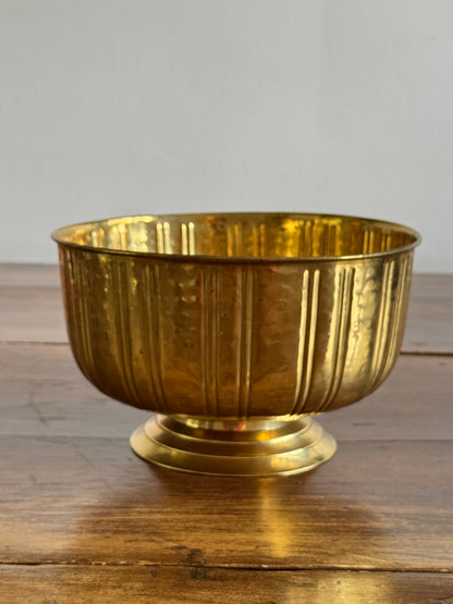 Vintage Shiny Brass Raised Bowl with Hammered Texture and Grooved Sides