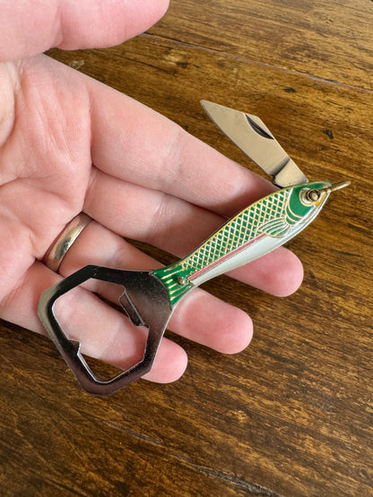 Vintage Fish Shaped Bottle Opener and Foil Pocket Knife Shaped Like Fish