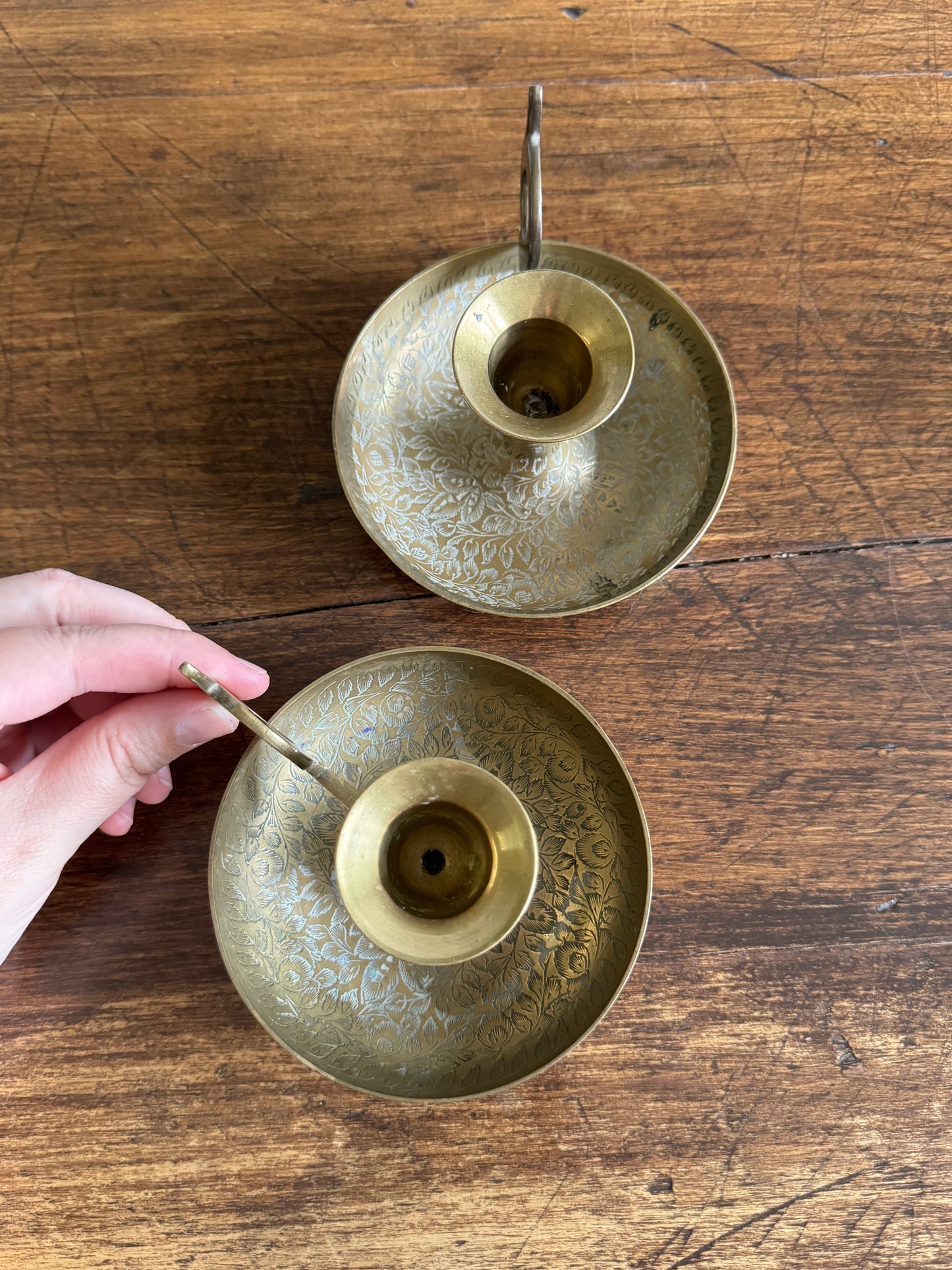 Vintage Brass Etched Floral Candle Holder Pair - Made in India