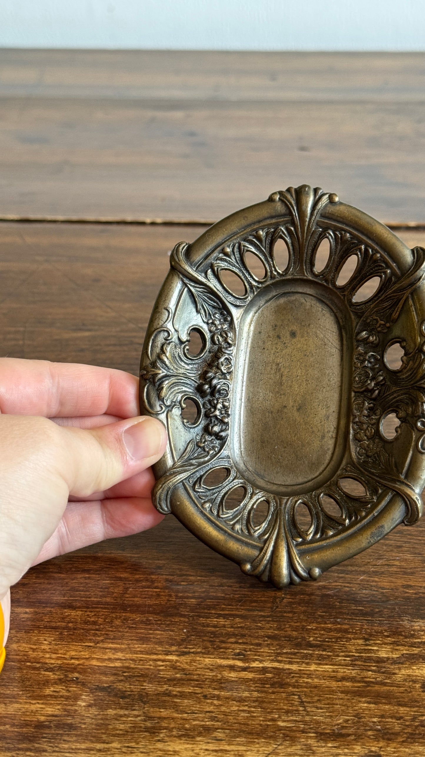 Vintage Embossed Metal Art Nouveau Dish with Ornate Detailing