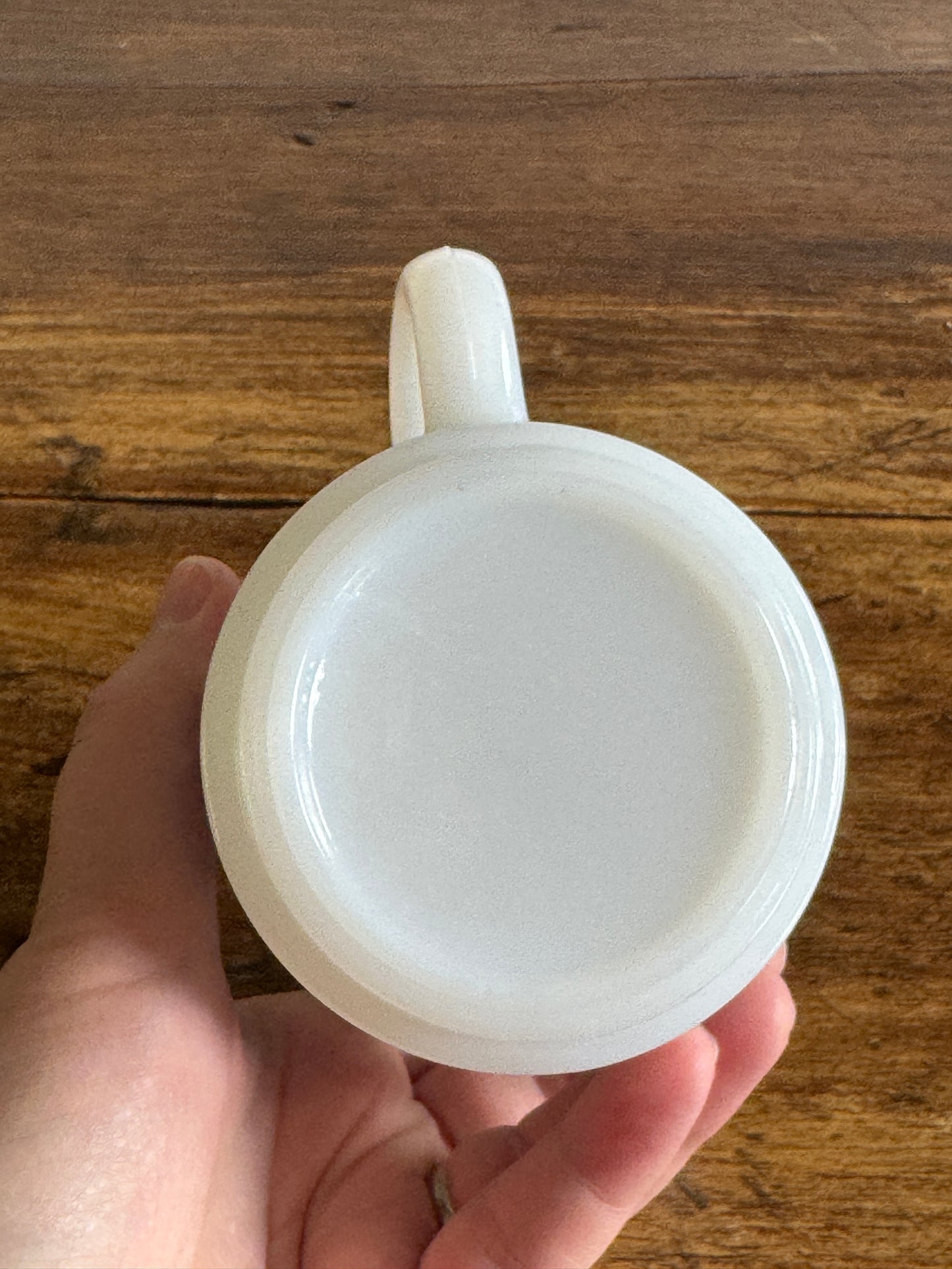 Vintage White Milk Glass Mug with Blue Vintage Train Design