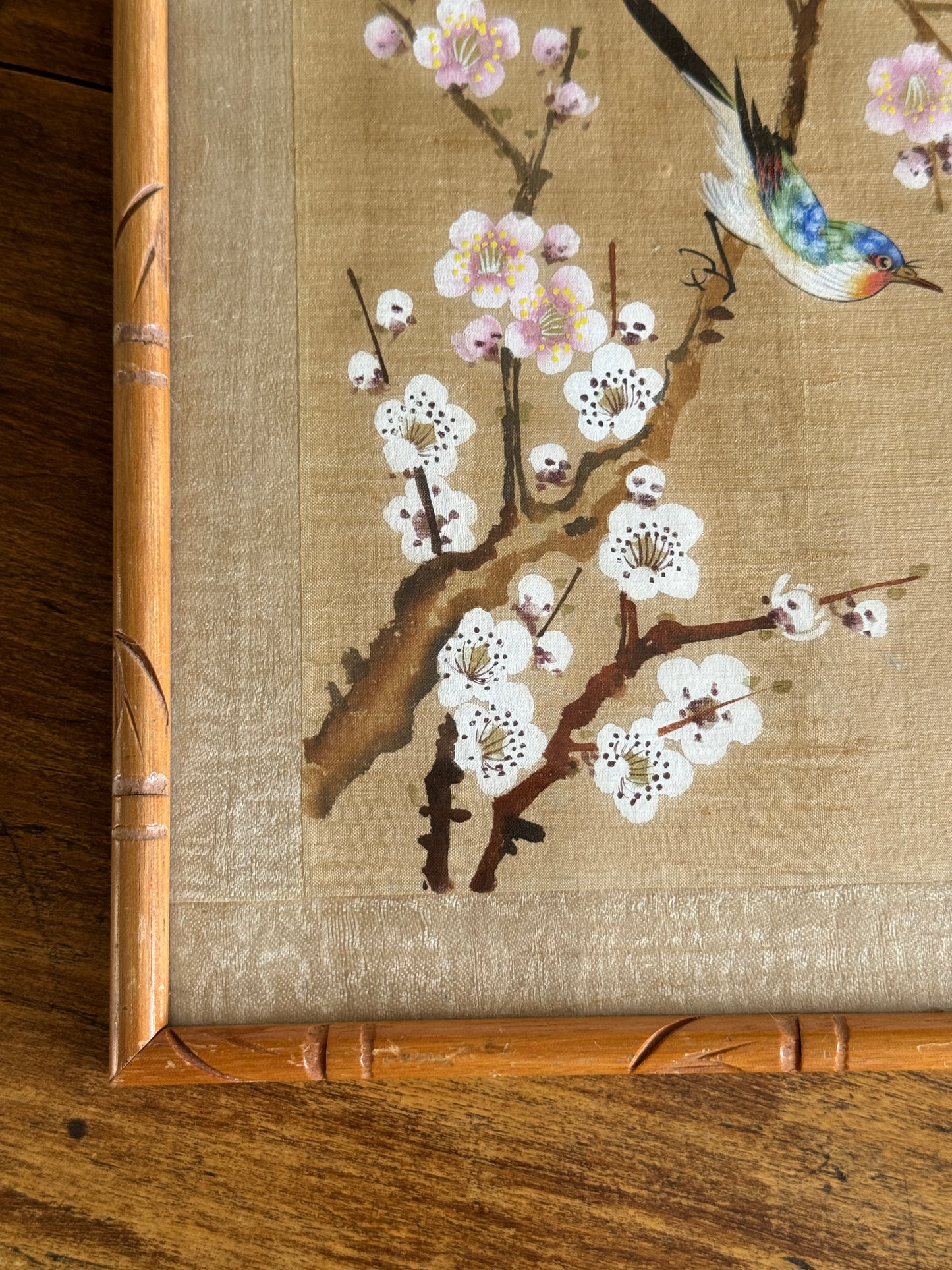 Vintage Bird Painting on Fabric Artwork in Simplistic Wooden Frame