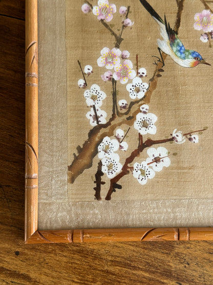 Vintage Bird Painting on Fabric Artwork in Simplistic Wooden Frame