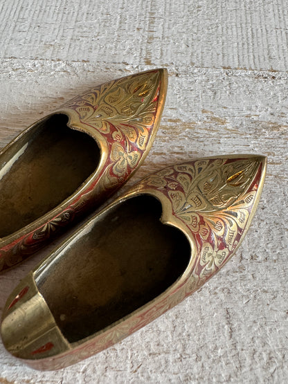 Vintage Pair of Brass with Enamel Shoe Figures - Collectible Ashtray Holder Shaped Like Shoes