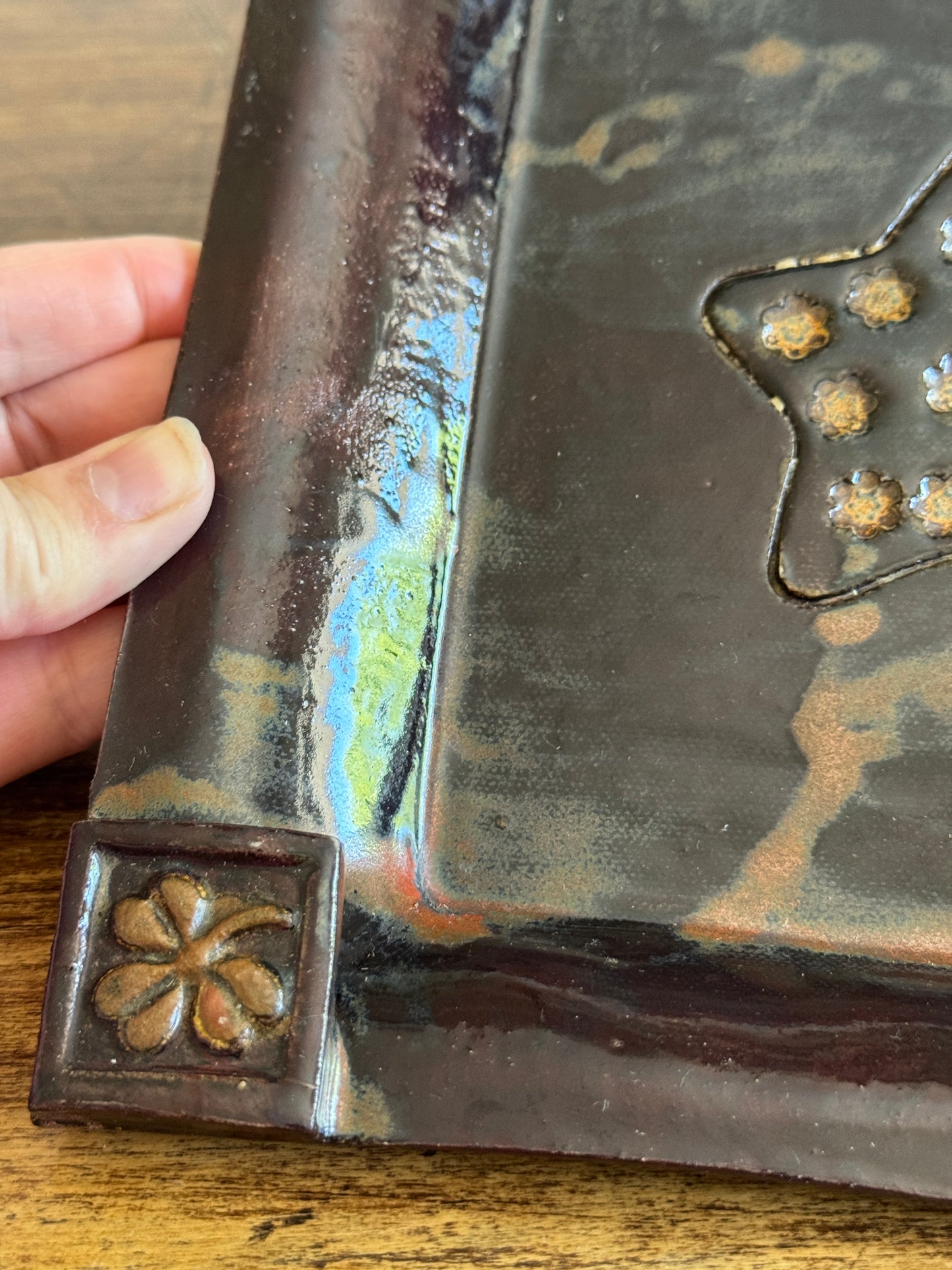Vintage Folk Art Style Pottery Plate with Star Dish and Corner Embellishments