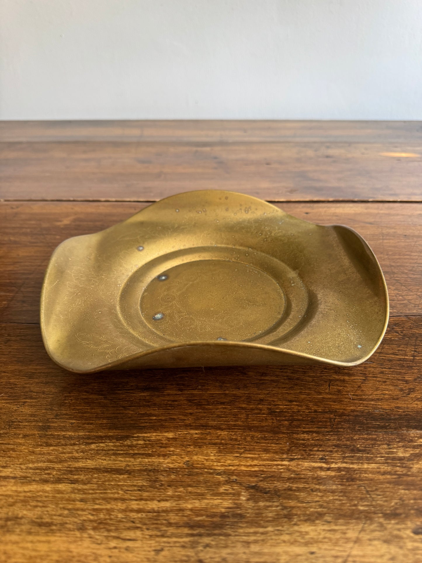 Vintage Curled Edge Brass Bowl with Light Floral Etched Pattern