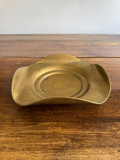 Vintage Curled Edge Brass Bowl with Light Floral Etched Pattern