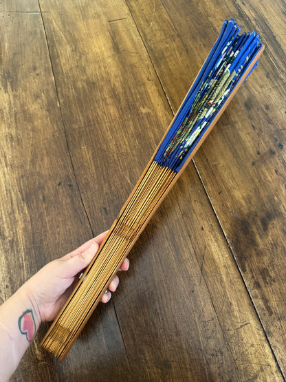 Extra Large Painted Fabric Fan with Peacock and Flowers